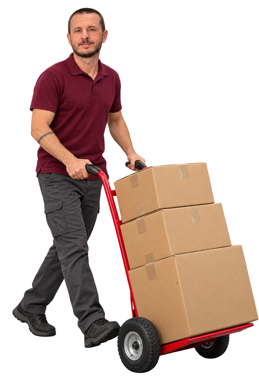 A mover in a burgundy work uniform transporting cardboard boxes on a dolly