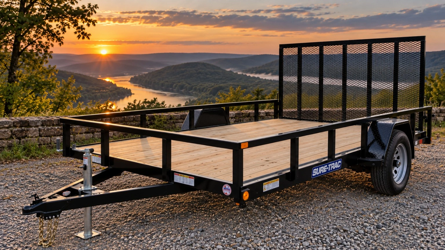 Black Sure-Trac open utility trailer used by Hey Monty